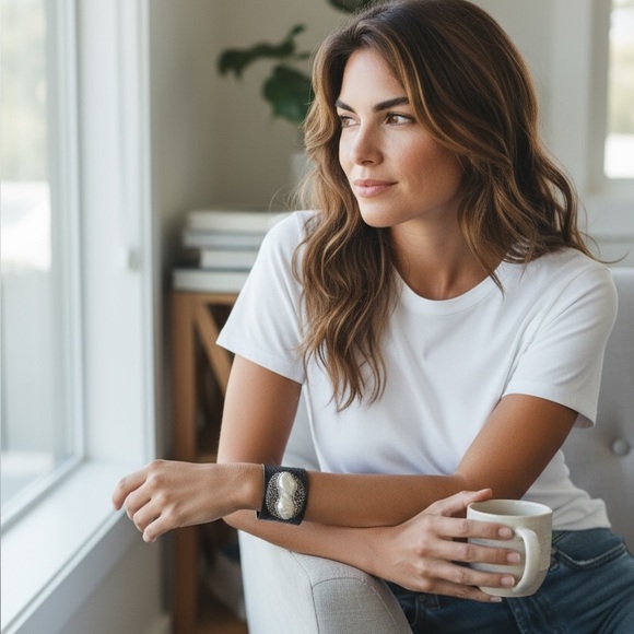 Leather cuff with mother of pearl and druzy stones. - Picture 4 of 4